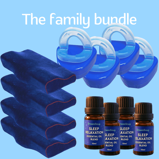 DreamSnug Family Sleep Bundle Australia — four anti-snore pillows, mouth guards and sleep essential oils for the whole household