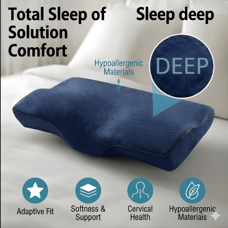 DreamSnug anti-snoring pillow Australia — blue ergonomic sleep pillow with key features for snoring relief and better rest
