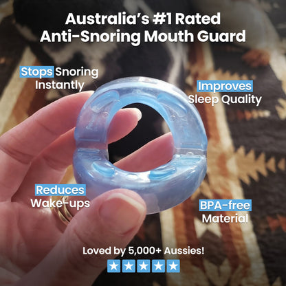 DreamSnug anti-snoring mouth guard Australia — blue dental device held in hand for effective snoring relief