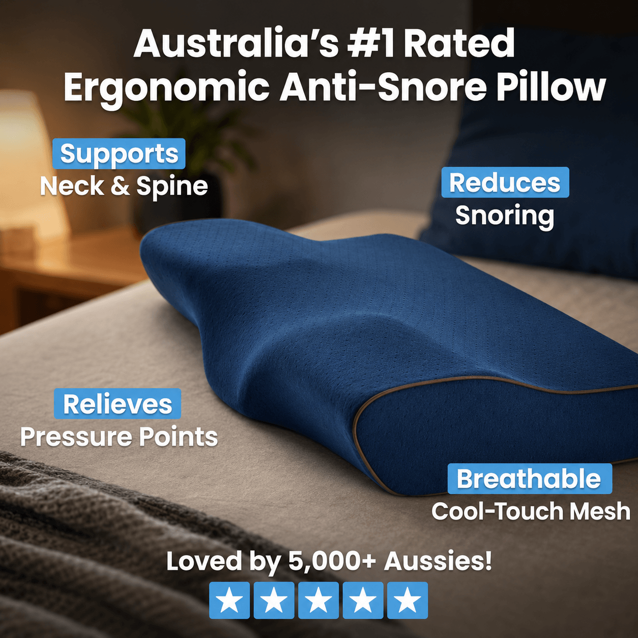 DreamSnug anti-snoring pillow Australia — blue ergonomic pillow featuring key sleep benefits for snoring relief
