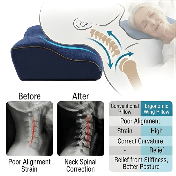 DreamSnug anti-snore pillow Australia — ergonomic wing pillow showing improved neck alignment for better sleep and snoring relief