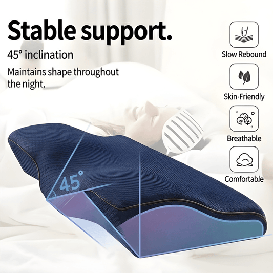 DreamSnug anti-snore wedge pillow Australia — blue ergonomic sleep wedge with key features for snoring and acid reflux relief