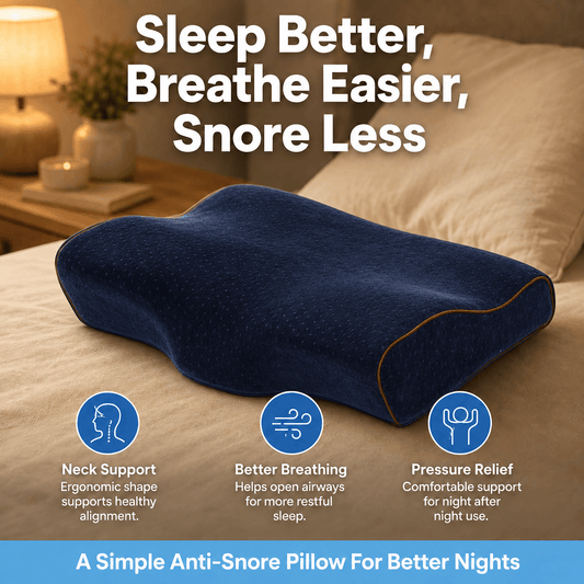 DreamSnug anti-snore wedge pillow Australia — blue ergonomic sleep wedge with key features for snoring and acid reflux relief