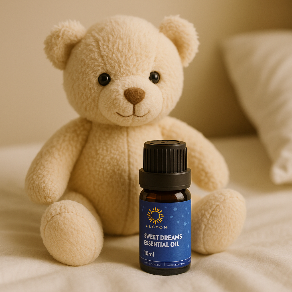 DreamSnug sleep essential oils Australia — relaxation blend bottle with teddy bear for a calming bedtime routine