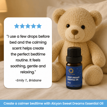DreamSnug sleep essential oils Australia — relaxation blend bottle with teddy bear for a calming bedtime routine