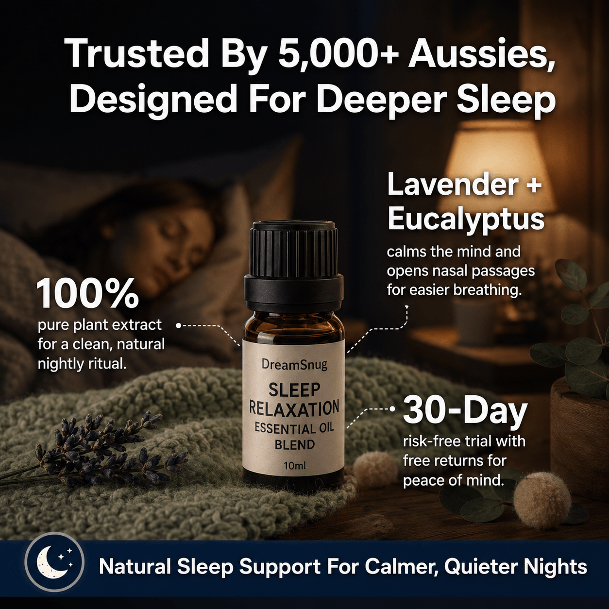 DreamSnug essential oils for sleep Australia — sleep relaxation blend bottle for a calming bedtime ritual