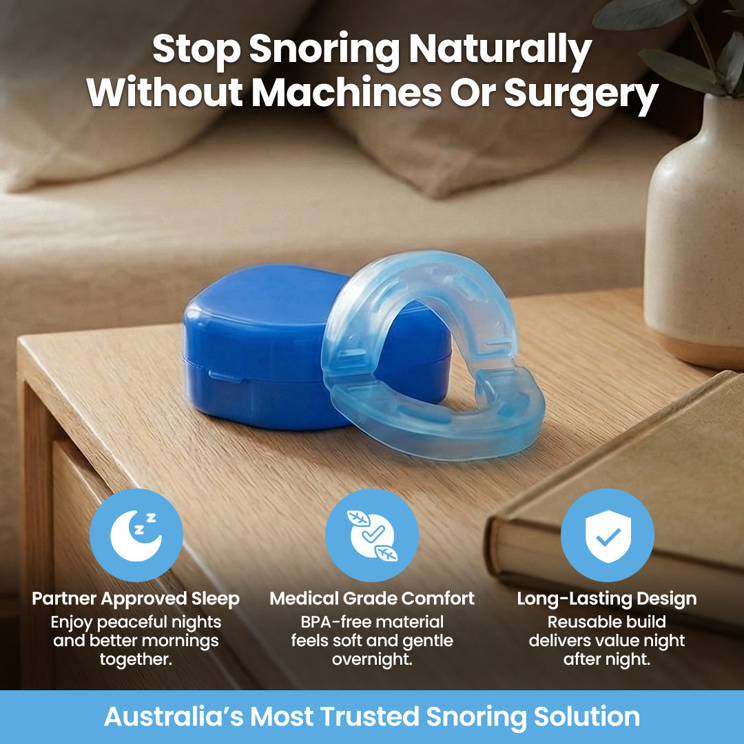 DreamSnug anti-snoring mouth guard Australia — BPA-free clear and blue dental device for natural snoring relief